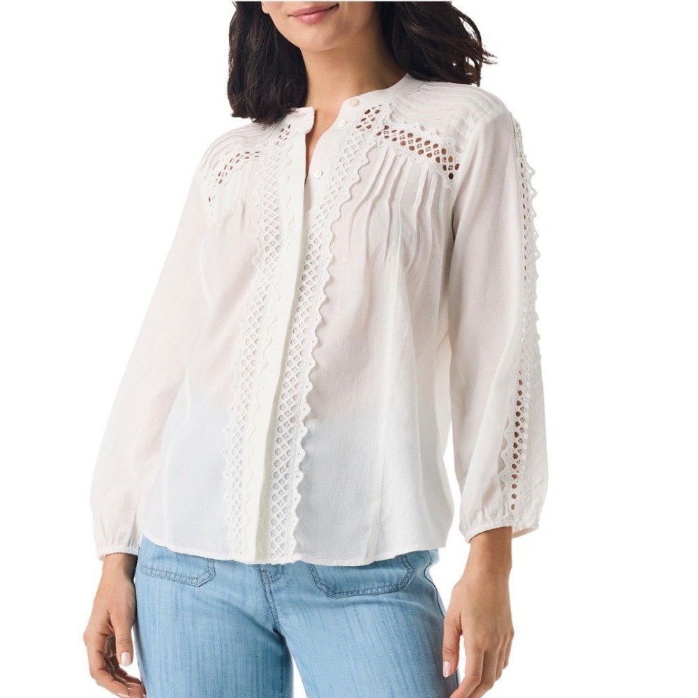 NIC+ZOE‎ Breezy Clouds Shirt Classic Cream Eyelet Embroidered Blouse XS S241600